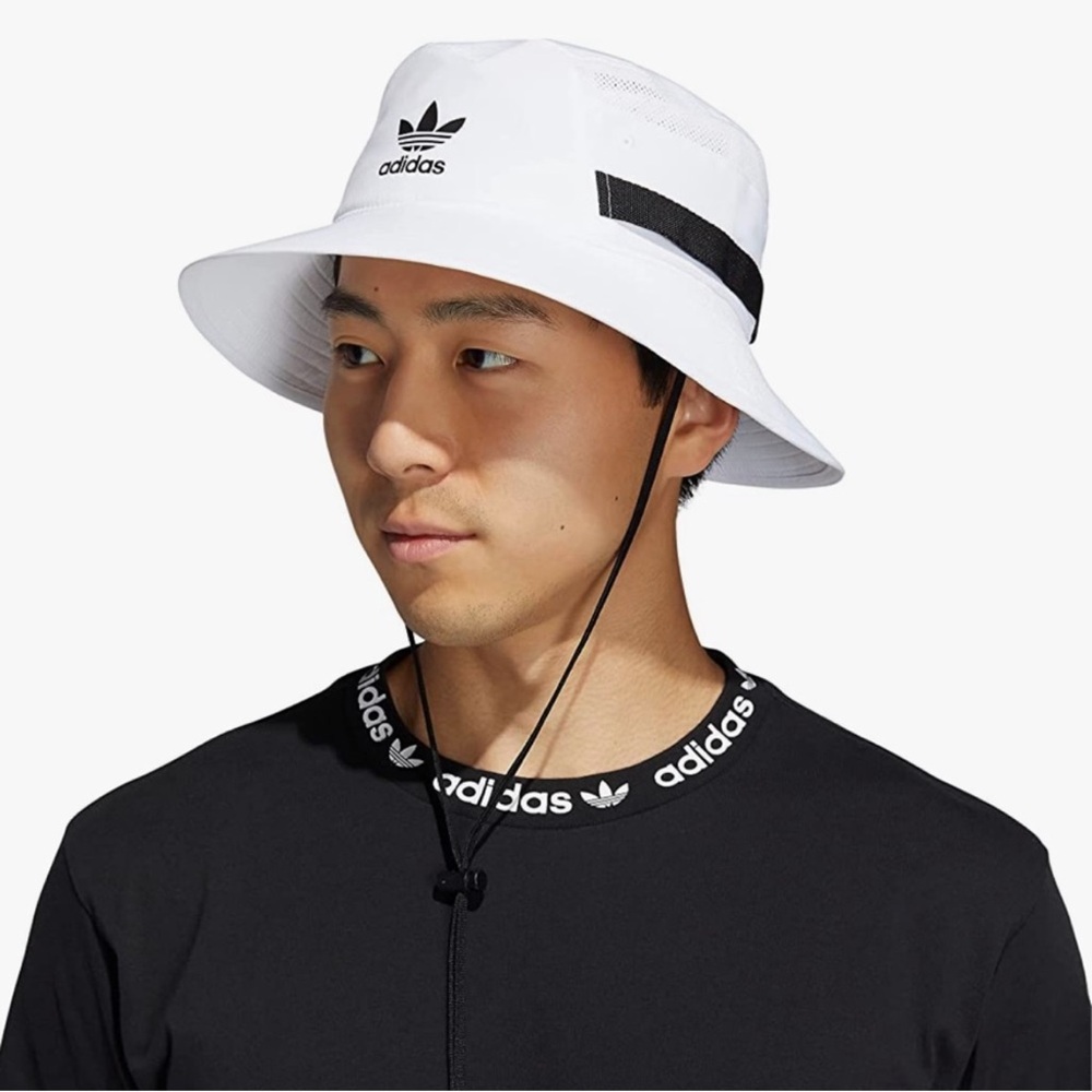 adidas White Bucket Hat with Black Trim and Logo